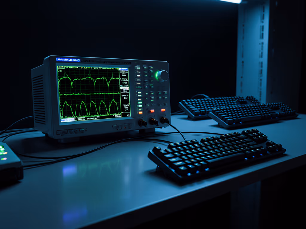 latency testing setup with oscilloscope and keyboard