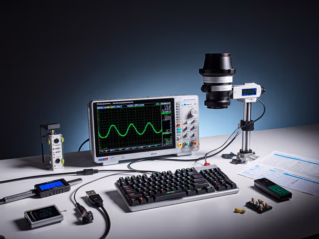 Latency testing setup showing keyboard connected to oscilloscope and high-speed camera